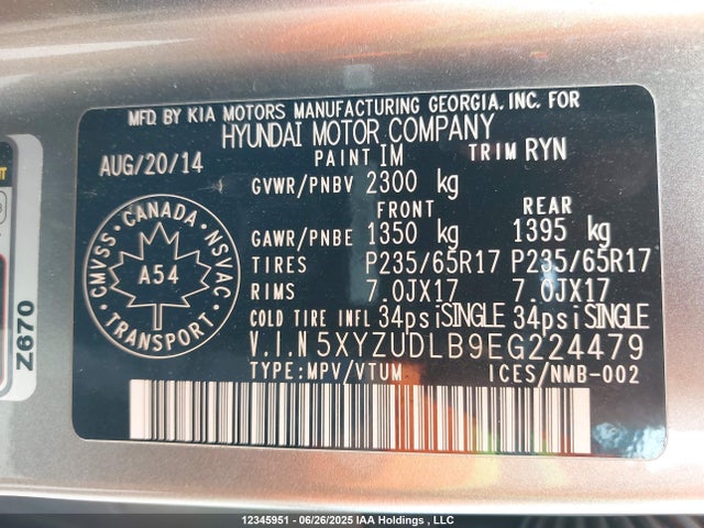 5XYZUDLB9EG224479 Hyundai gdi theta