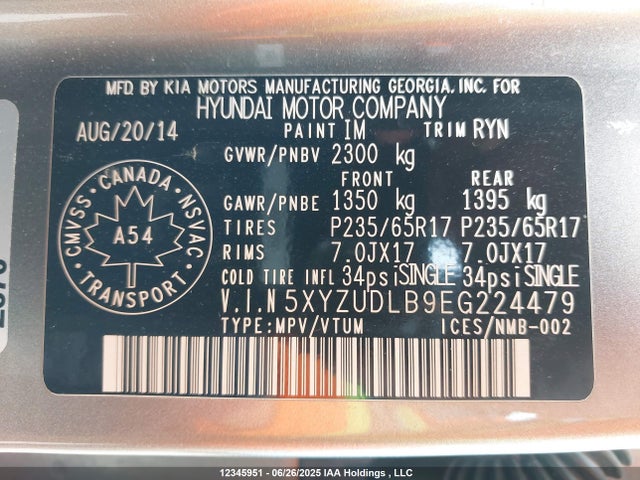5XYZUDLB9EG224479 Hyundai gdi theta