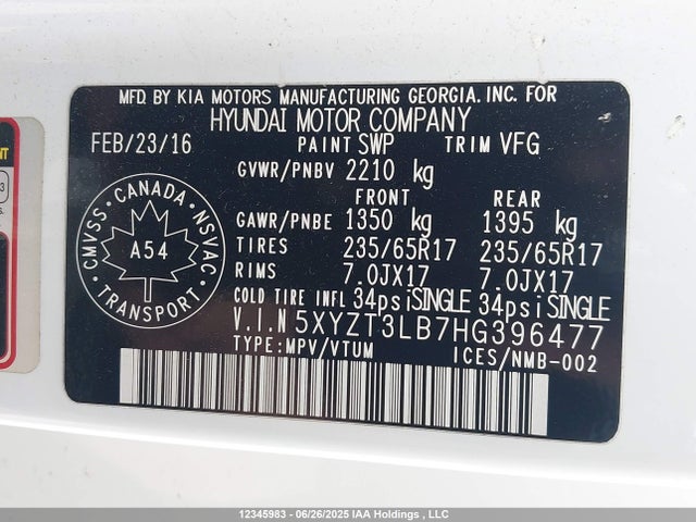 5XYZT3LB7HG396477 Hyundai gdi theta ii