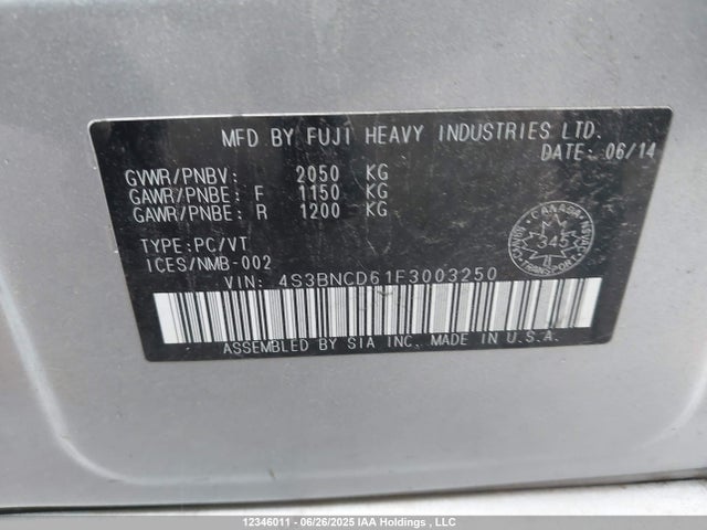 Subaru 2.5l c0 2015 4S3BNCD61F3003250 Image 9