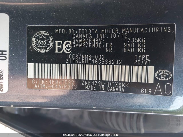 2T1BURHE1GC536232 Toyota 2zr-fe