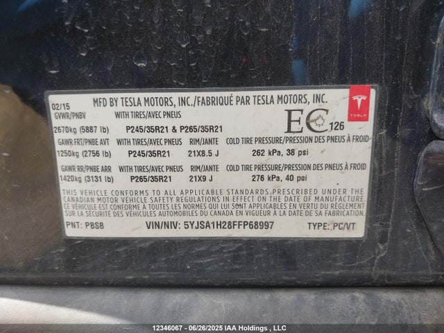 5YJSA1H28FFP68997 Tesla 3 phase a/c induction (dual motor)
