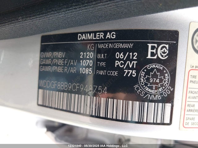 Aukcja sprzedaży 2012 Mercedes-benz C 300 4matic, vin: WDDGF8BB9CF948754, numer aukcji: 12321840