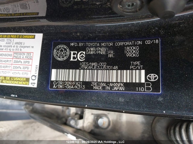 JTNKARJE3JJ570148 Toyota 2zr-fae