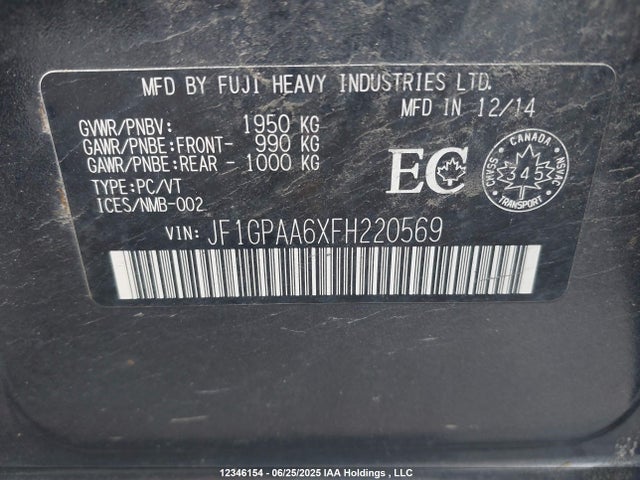 JF1GPAA6XFH220569 Subaru 2.0l na