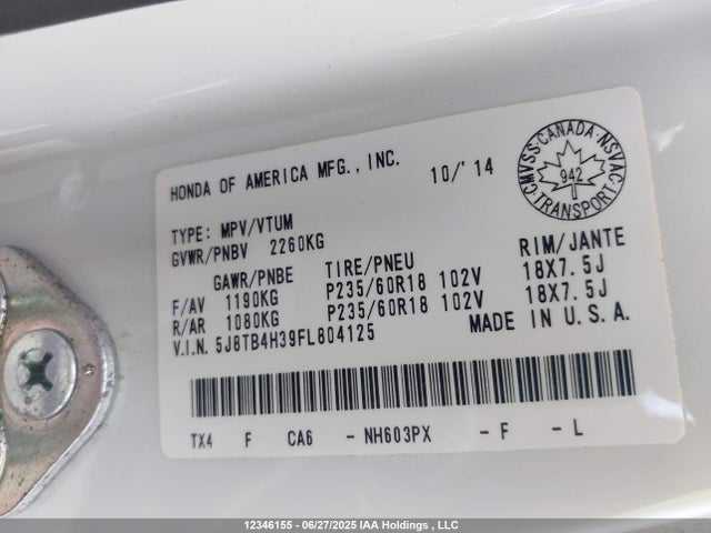 5J8TB4H39FL804125 Acura j35z2