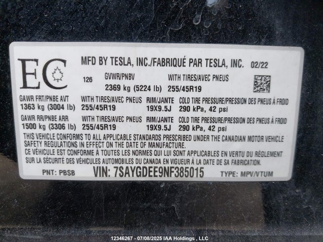 7SAYGDEE9NF385015 Tesla 2022