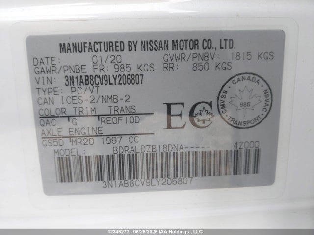 3N1AB8CV9LY206807 Nissan 2020