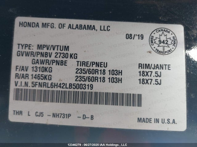 5FNRL6H42LB500319 Honda ODYSSEY EX