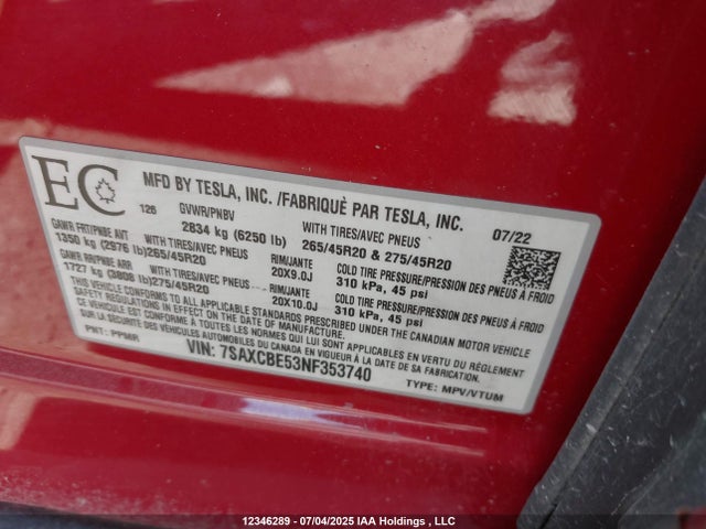7SAXCBE53NF353740 Tesla MODEL X