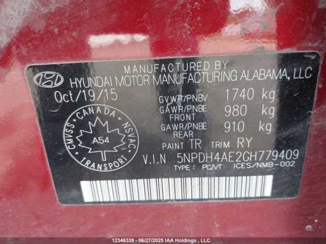 5NPDH4AE2GH779409 Hyundai dohc mpi nu
