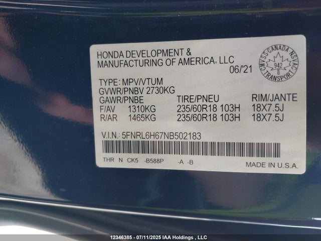 5FNRL6H67NB502183 Honda j35y7