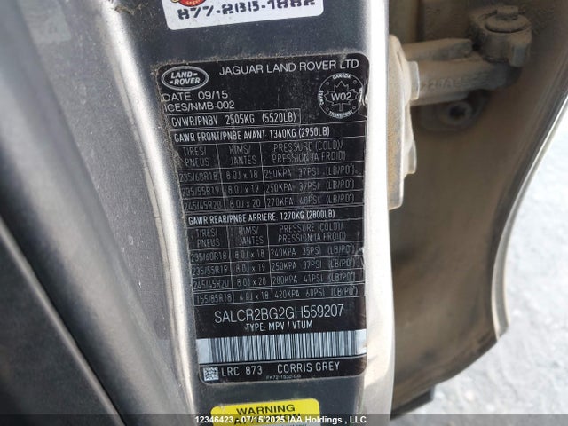 SALCR2BG2GH559207 Land Rover gtdi lev3 sulev30