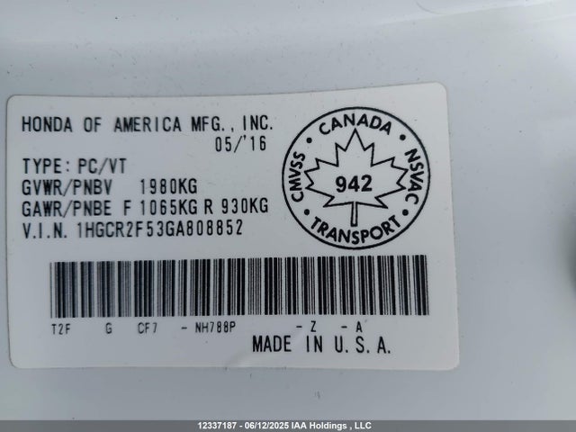1HGCR2F53GA808852 Honda k24w1