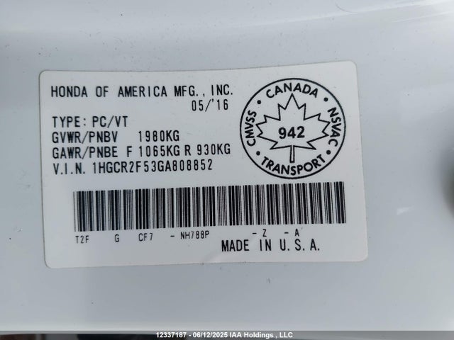 1HGCR2F53GA808852 Honda k24w1
