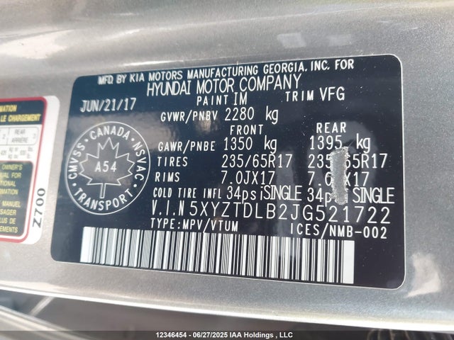 5XYZTDLB2JG521722 Hyundai gdi theta ii