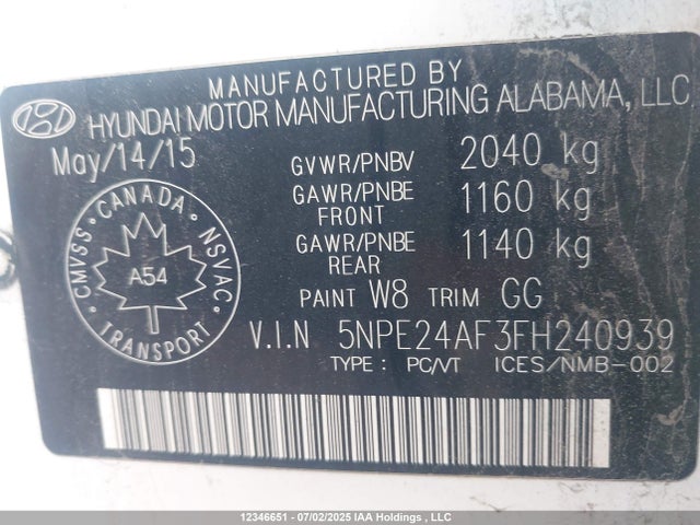 5NPE24AF3FH240939 Hyundai dohc gdi theta-ii