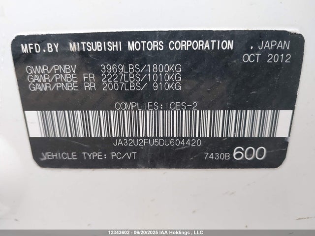 Aukcja sprzedaży 2013 Mitsubishi Lancer Se, vin: JA32U2FU5DU604420, numer aukcji: 12343602