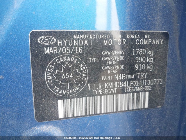 KMHD84LFXHU130773 Hyundai Elantra