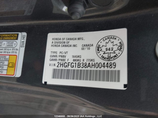 Продажа на аукционе авто 2010 Honda Civic Dx-g, vin: 2HGFG1B38AH004489, номер лота: 12346958