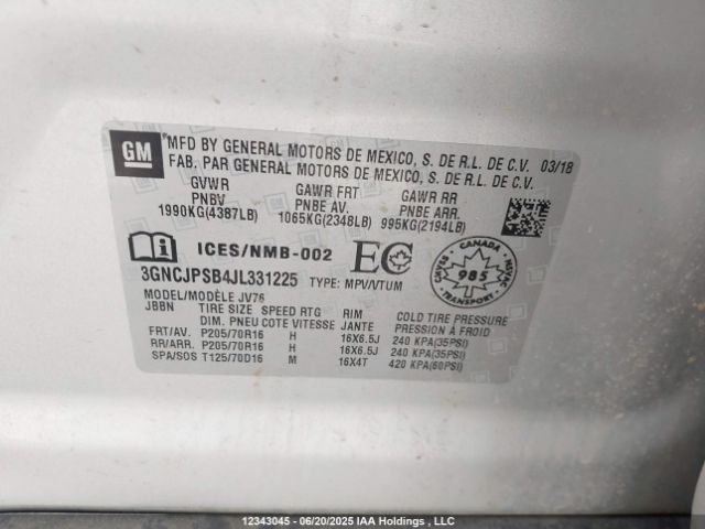 3GNCJPSB4JL331225 Chevrolet luv - mfi, variable valve timing, e85 max, alum