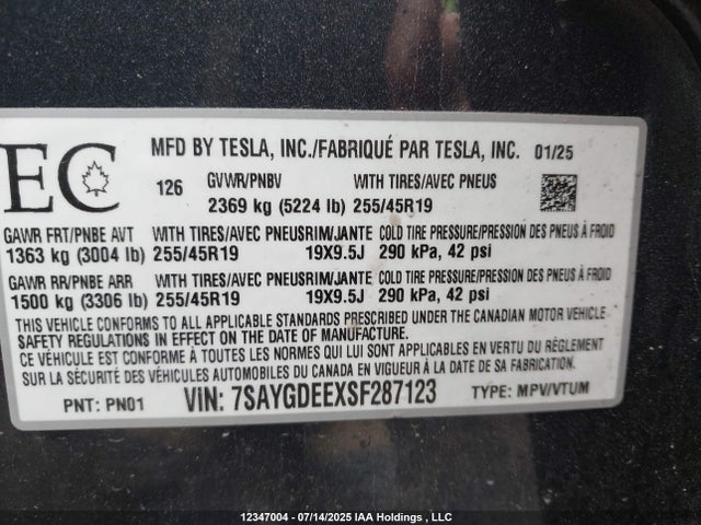 7SAYGDEEXSF287123 Tesla Model Y