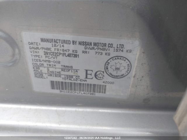 3N1CE2CP1FL407391 Nissan VERSA NOTE