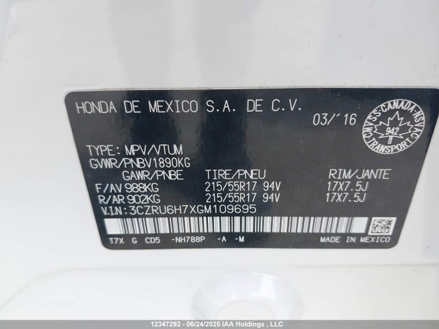 3CZRU6H7XGM109695 Honda r18z9