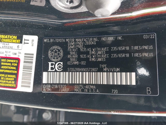 5TDGZRBHXNS572807 Toyota 2gr-fks