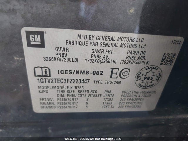 1GTV2TEC3FZ223447 GMC l83 - vvt, active fuel management, aluminum
