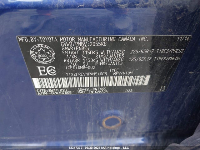 2T3ZFREV1FW154008 Toyota 2ar-fe