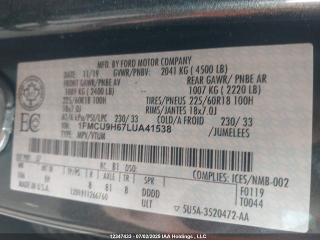 1FMCU9H67LUA41538 Ford 2020