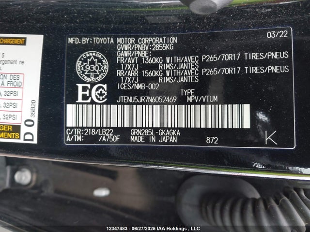 JTENU5JR7N6052469 Toyota 1gr-fe