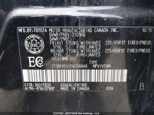 Toyota 2ar-fe 2015 2T3BFREV2FW398848 Image 9