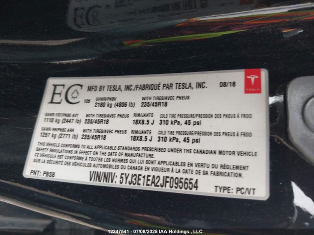 5YJ3E1EA2JF095654 Tesla MODEL 3