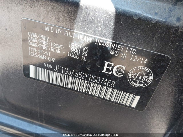 Subaru 2.0l na 2015 JF1GJAS62FH007468 Image 9