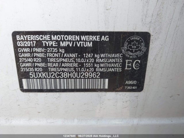 5UXKU2C38H0U29962 BMW X6