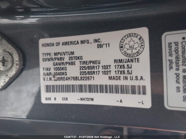 Продаж на аукціоні авто 2011 Honda Cr-v Exl, vin: 5J6RE4H76BL822671, номер лоту: 12347737