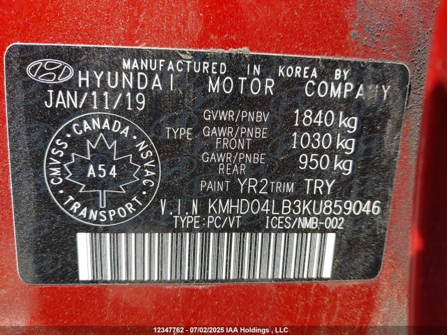 KMHD04LB3KU859046 Hyundai g 1.6 dohc t-gdi