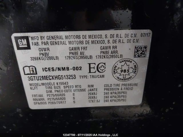3GTU2MECXHG513253 GMC l83 -spark ignited direct injection, variable valve timing, afm, e85 max, alum