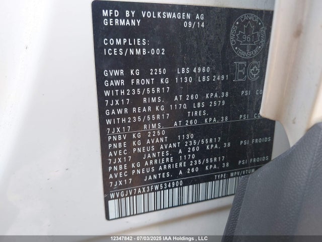 WVGJV7AX3FW534900 Volkswagen Tiguan