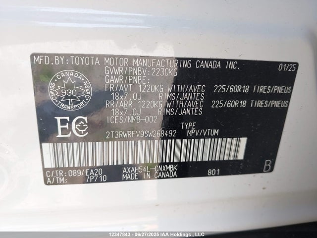 2T3RWRFV9SW268492 Toyota a25a-fxs