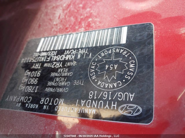KMHD84LF1KU754114 Hyundai mpi nu