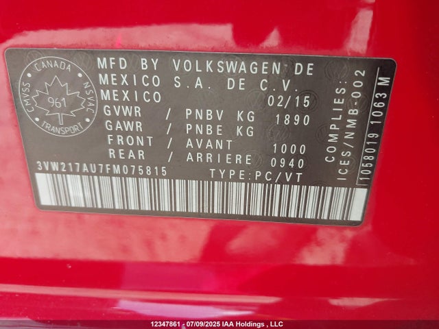3VW217AU7FM075815 Volkswagen 2015