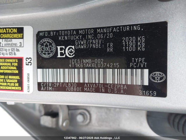 4T1K61AK6LU374215 Toyota a25a-fks