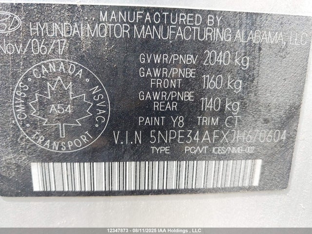 5NPE34AFXJH670604 Hyundai gdi theta-ii