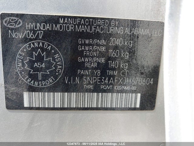 5NPE34AFXJH670604 Hyundai gdi theta-ii