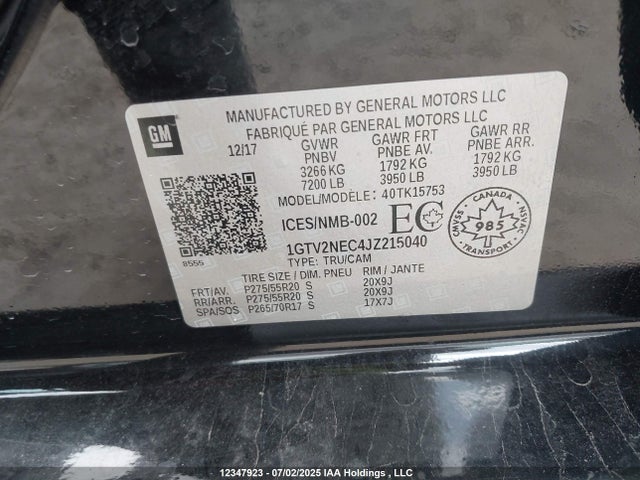 1GTV2NEC4JZ215040 GMC l83 -spark ignited direct injection, variable valve timing, afm, e85 max, alum