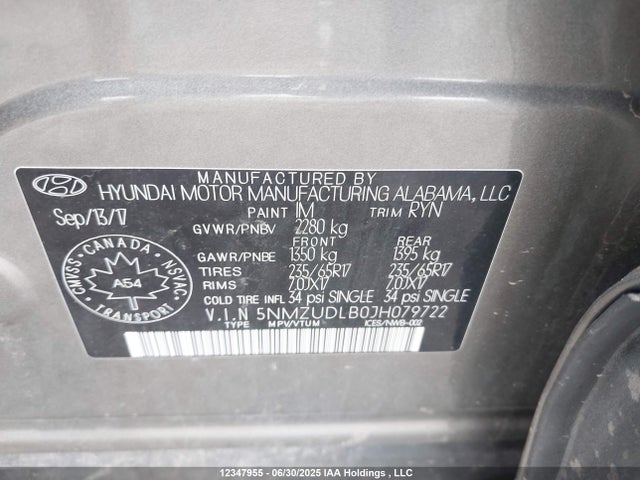 5NMZUDLB0JH079722 Hyundai gdi theta ii