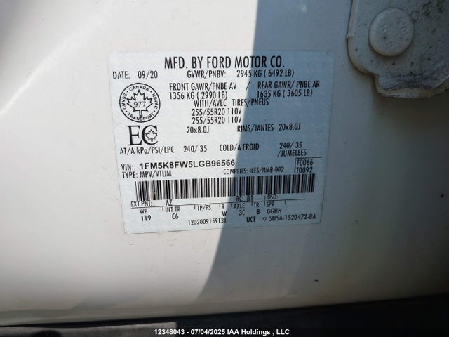 1FM5K8FW5LGB96566 Ford 3.3l ti-vct